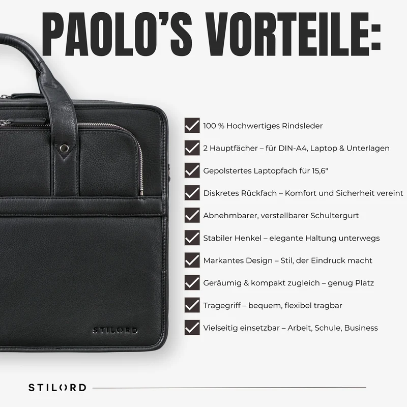 "Paolo" Geräumige Aktentasche Herren Leder Arbeitstasche 15,6 Zoll Laptop