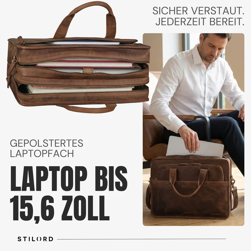"Paolo" Geräumige Aktentasche Herren Leder Arbeitstasche 15,6 Zoll Laptop