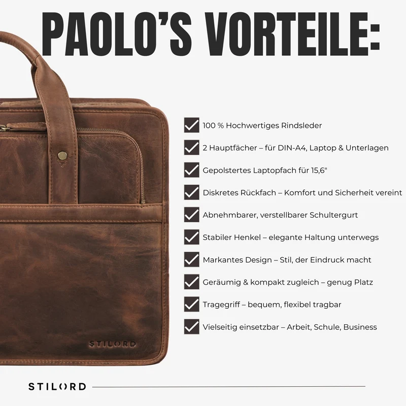 "Paolo" Geräumige Aktentasche Herren Leder Arbeitstasche 15,6 Zoll Laptop