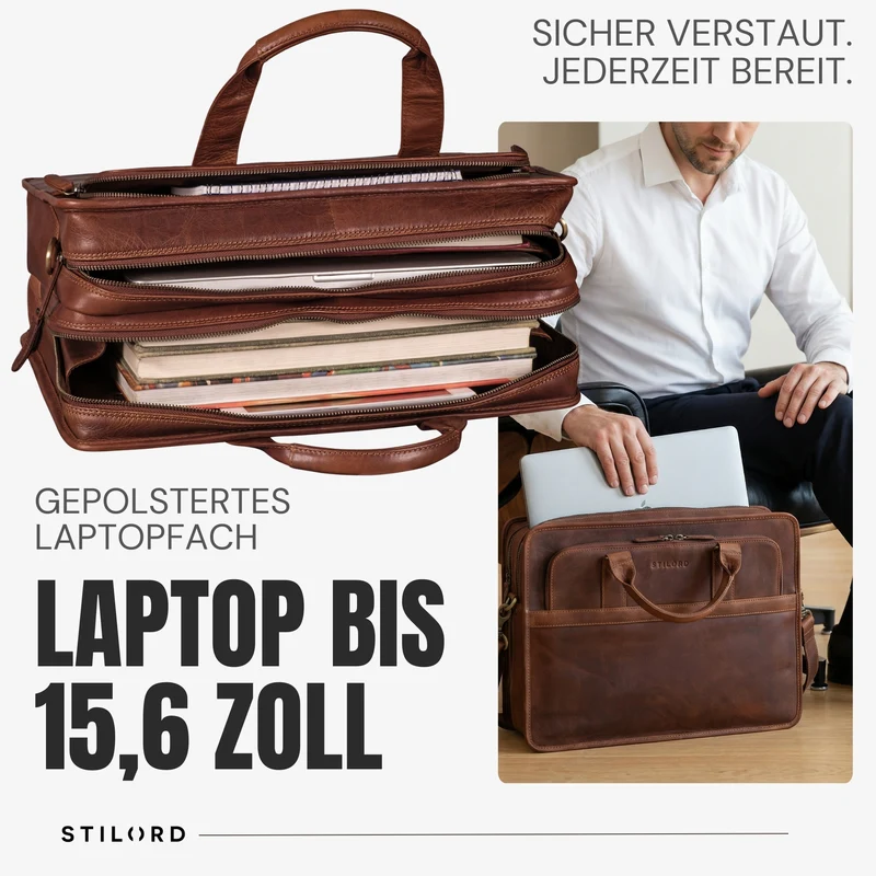 "Paolo" Geräumige Aktentasche Herren Leder Arbeitstasche 15,6 Zoll Laptop