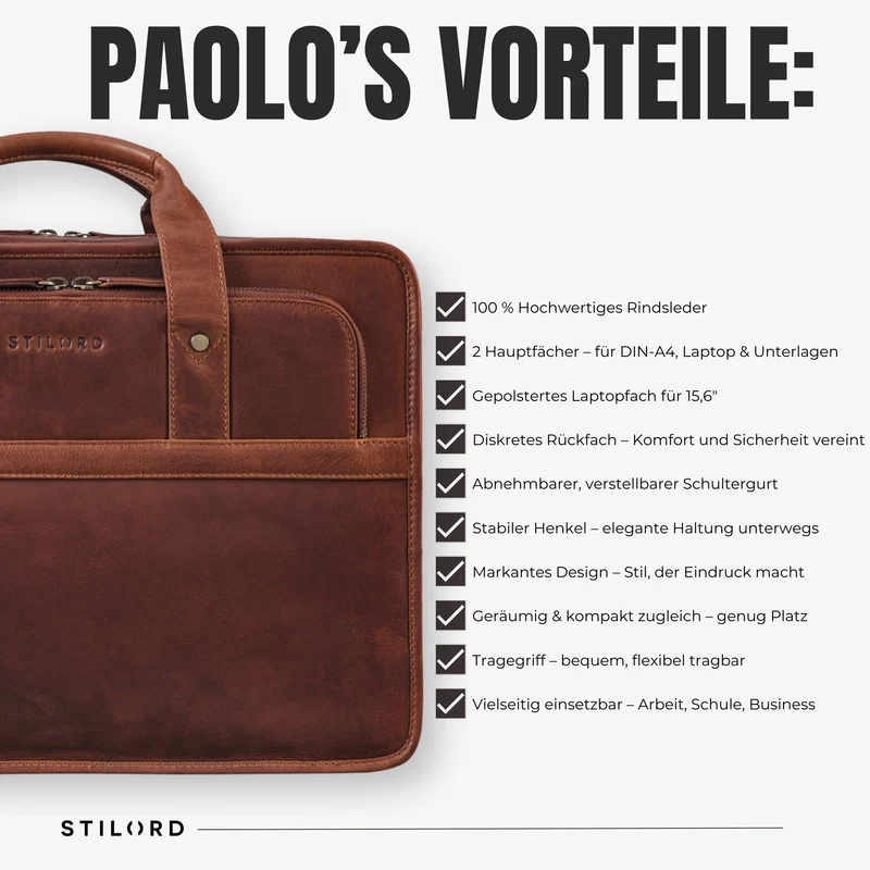 "Paolo" Geräumige Aktentasche Herren Leder Arbeitstasche 15,6 Zoll Laptop