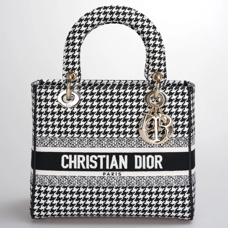 Christian Dior – Mittlere Lady D-Lite-Tasche aus Canvas mit Hahnentrittmuster in Schwarz und Weiß