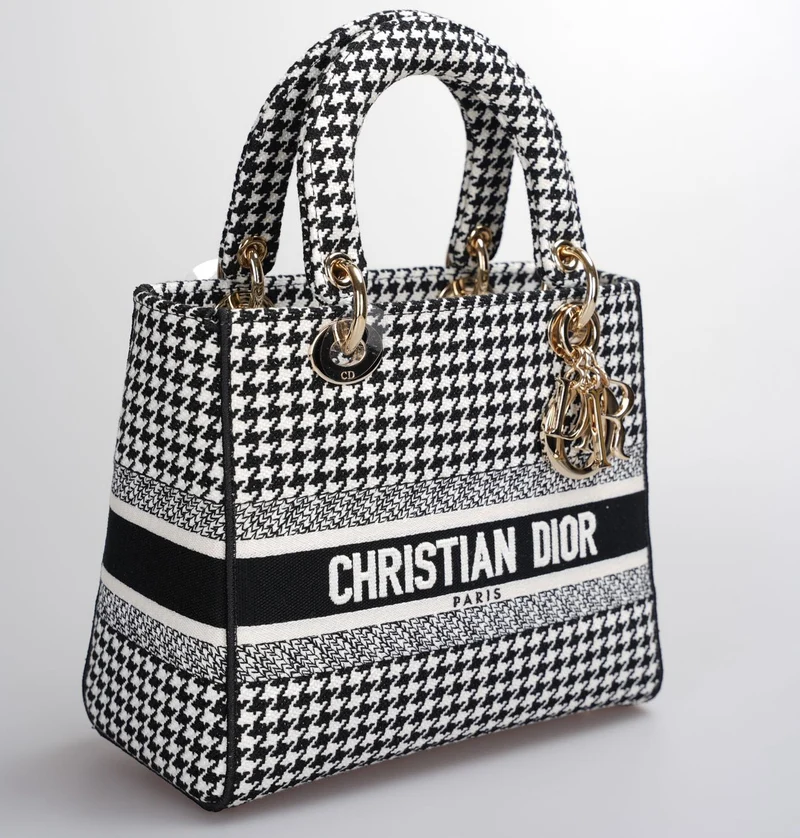 Christian Dior – Mittlere Lady D-Lite-Tasche aus Canvas mit Hahnentrittmuster in Schwarz und Weiß