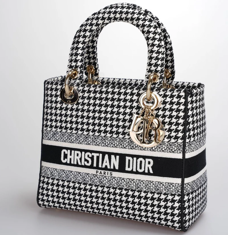 Christian Dior – Mittlere Lady D-Lite-Tasche aus Canvas mit Hahnentrittmuster in Schwarz und Weiß