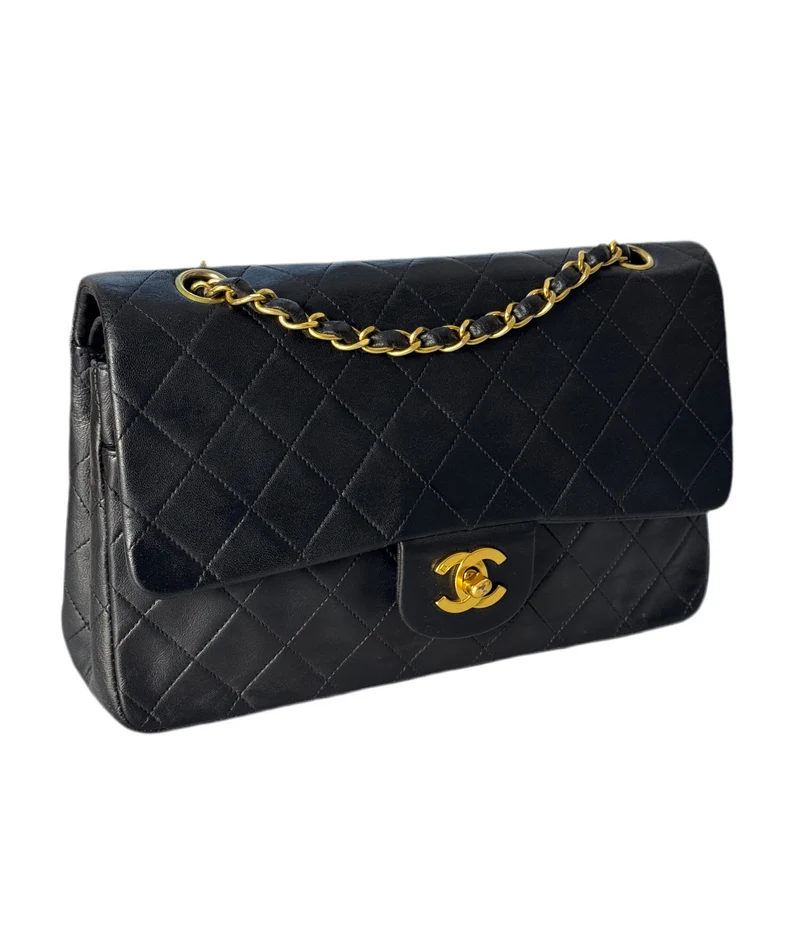 Chanel Vintage Stoff Timeless Flap Bag Schwarz Medium 24 Karat Gold Hardware