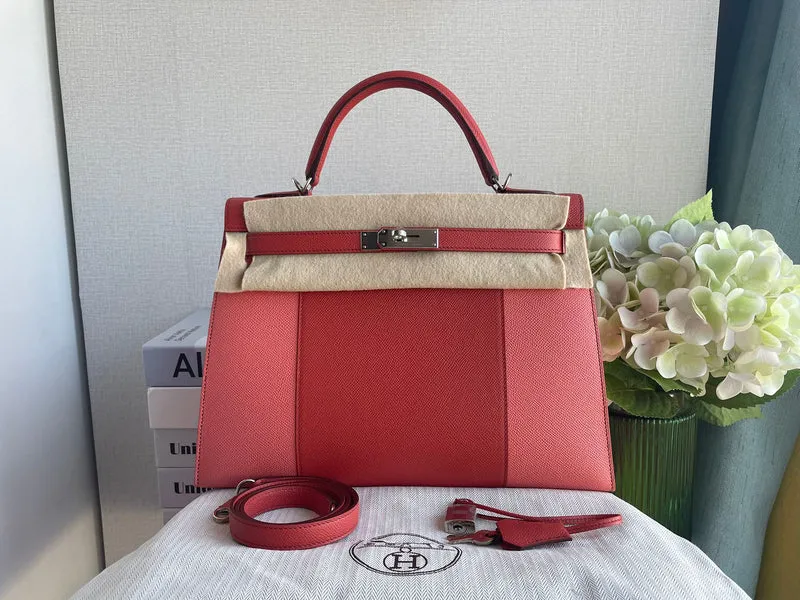 Hermès Kelly 32 Sellier Zweifarbig Rosa & Koralle Epsom (Palladium-Beschläge)