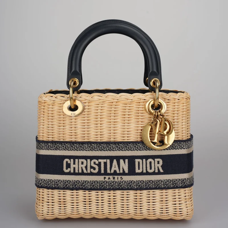 Christian Dior Lady Dior Tasche aus natürlichem Korbgeflecht/blauem schrägem Canvas mittlere Größe