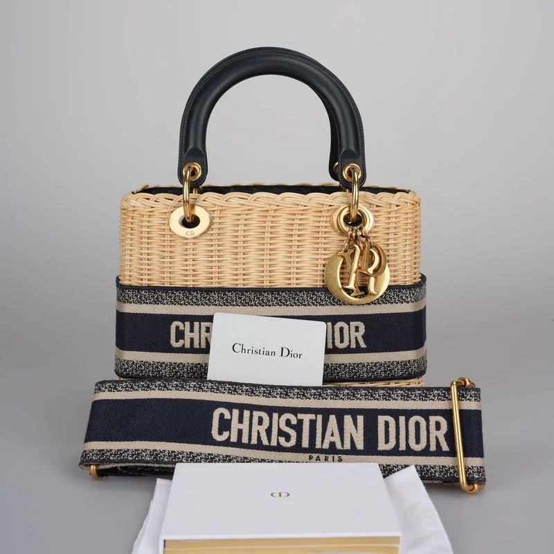 Christian Dior Lady Dior Tasche aus natürlichem Korbgeflecht/blauem schrägem Canvas mittlere Größe