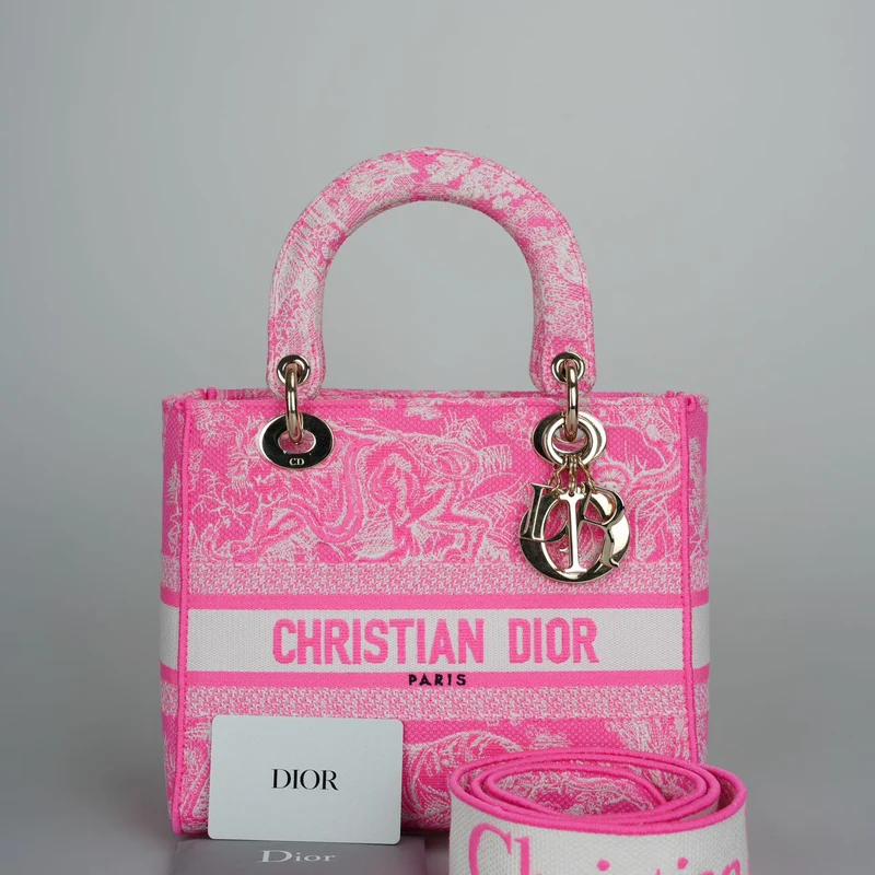 Christian Dior Canvas Toile De Jouy Reverse bestickte mittelgroße Lady D-Lite in fluoreszierendem Rosa