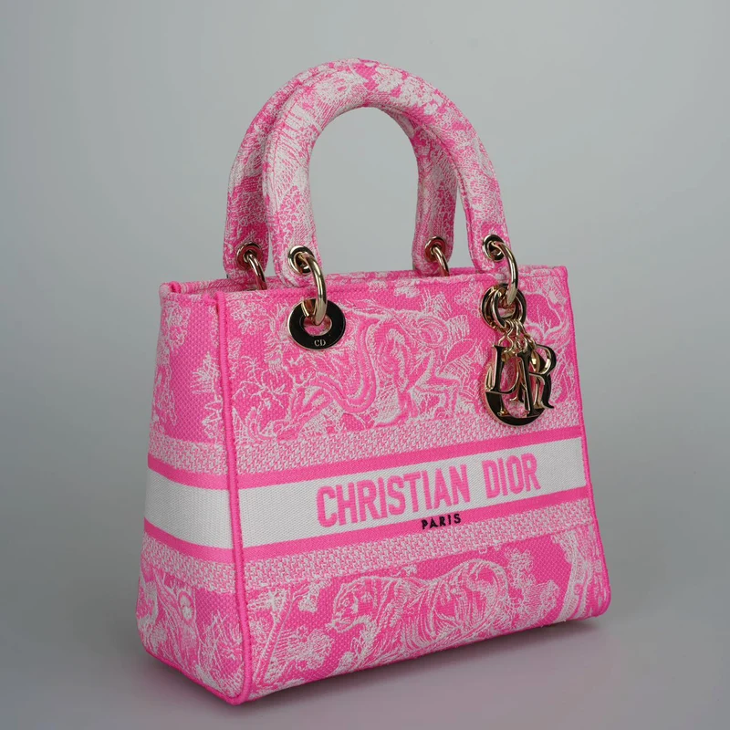 Christian Dior Canvas Toile De Jouy Reverse bestickte mittelgroße Lady D-Lite in fluoreszierendem Rosa