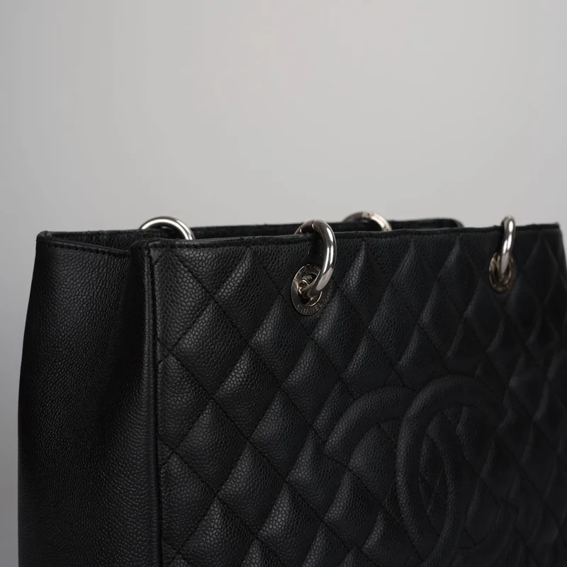 Chanel Black Grand Shopping Tote Schwarze GST Tasche in Kaviar in Silber 2012