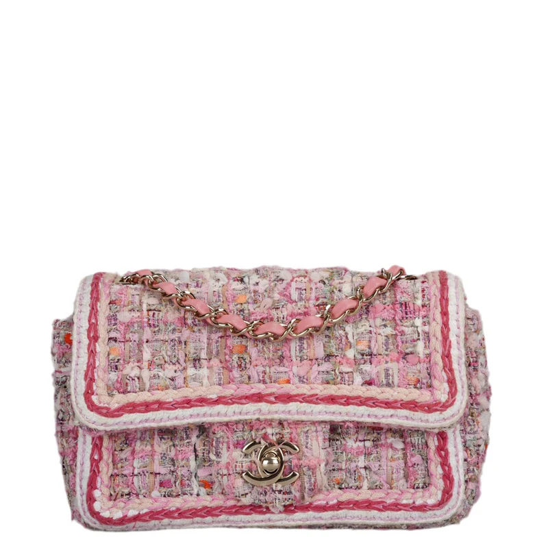 Chanel Tweed Classic Mini Flap Rechtecktasche in Weiß und Pink mit goldenen Beschlägen
