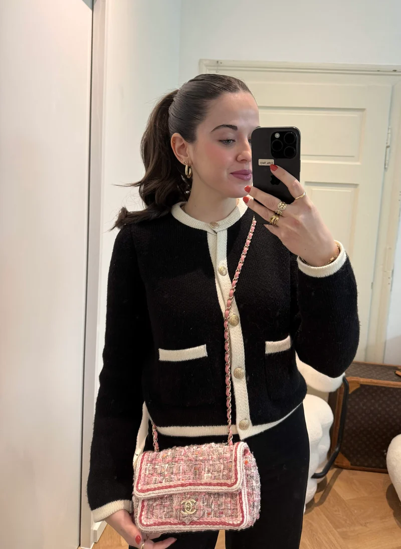 Chanel Tweed Classic Mini Flap Rechtecktasche in Weiß und Pink mit goldenen Beschlägen