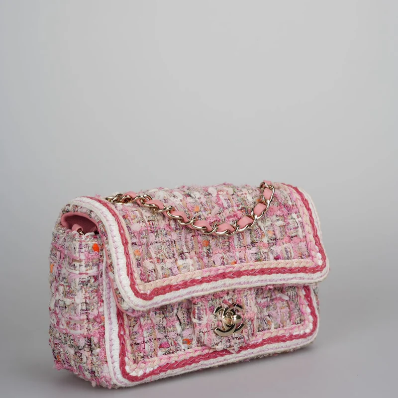 Chanel Tweed Classic Mini Flap Rechtecktasche in Weiß und Pink mit goldenen Beschlägen