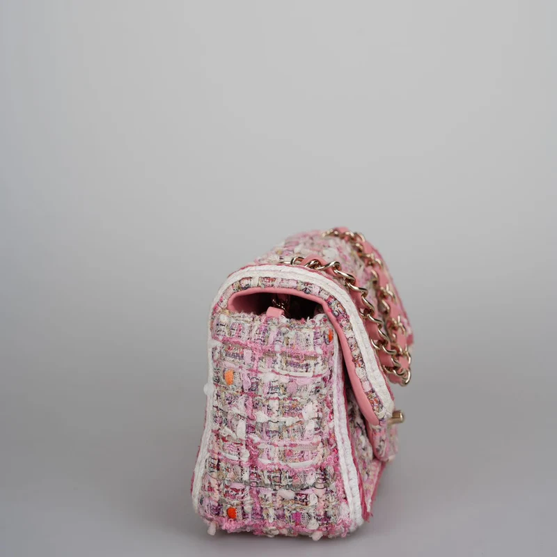 Chanel Tweed Classic Mini Flap Rechtecktasche in Weiß und Pink mit goldenen Beschlägen