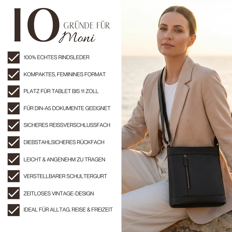 "Moni" Stylishe Crossbody Bag Damen Leder Mittel-Groß Tablet 11 Zoll