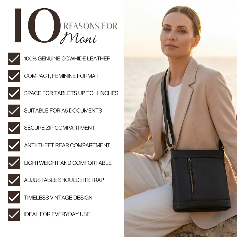 "Moni" Stylishe Crossbody Bag Damen Leder Mittel-Groß Tablet 11 Zoll