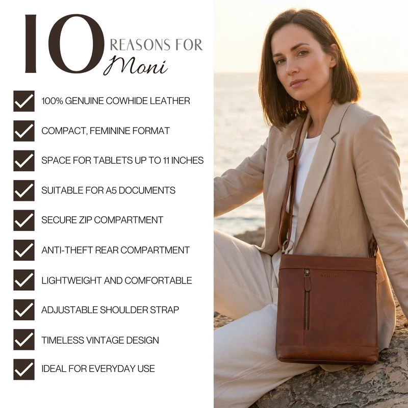 "Moni" Stylishe Crossbody Bag Damen Leder Mittel-Groß Tablet 11 Zoll