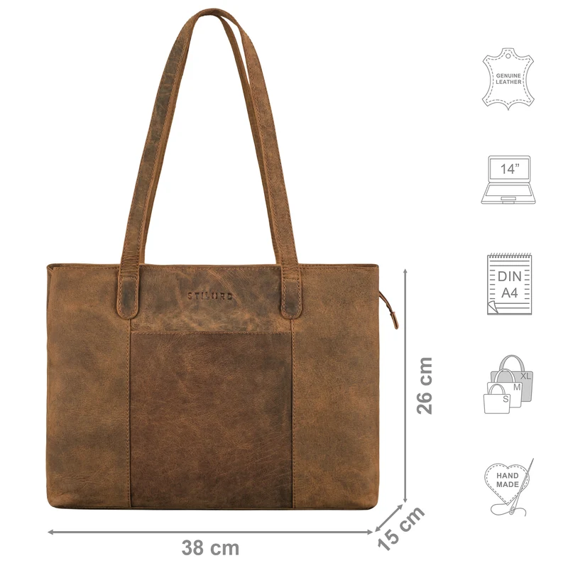 "Courtney" Vintage Leder Handtasche Damen Shopper Groß mit Langen Griffen