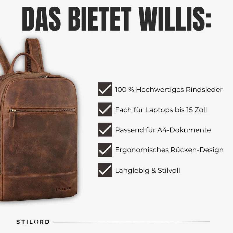 "Willis" Großer Tagesrucksack für Damen und Herren Echtleder