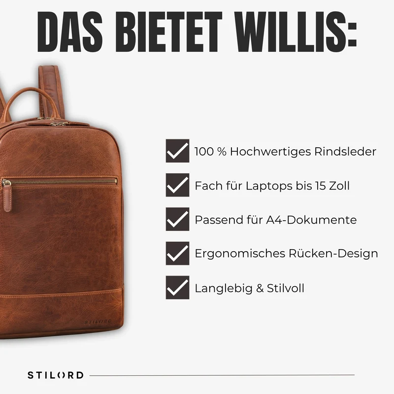 "Willis" Großer Tagesrucksack für Damen und Herren Echtleder