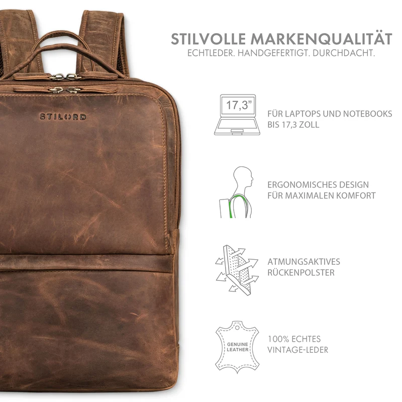 "Albert" Moderner Business Rucksack Leder 17 Zoll Laptopfach Herren
