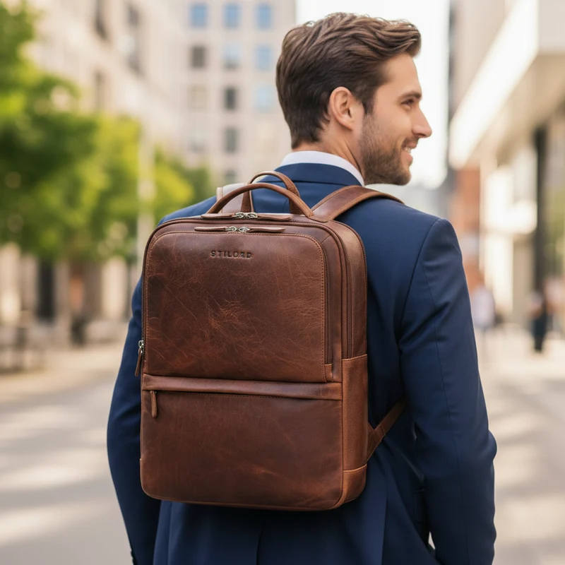 "Albert" Moderner Business Rucksack Leder 17 Zoll Laptopfach Herren