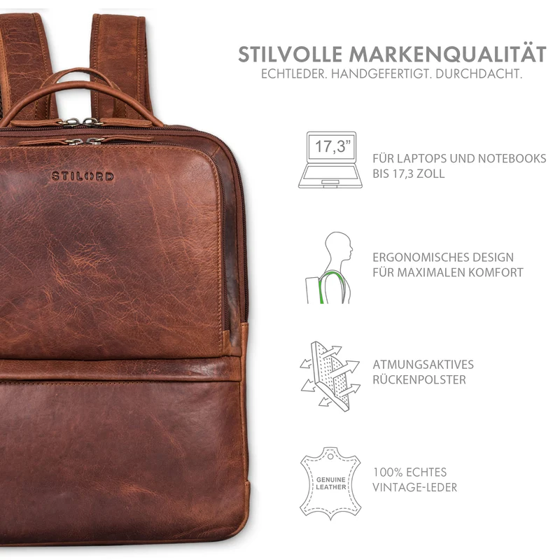 "Albert" Moderner Business Rucksack Leder 17 Zoll Laptopfach Herren