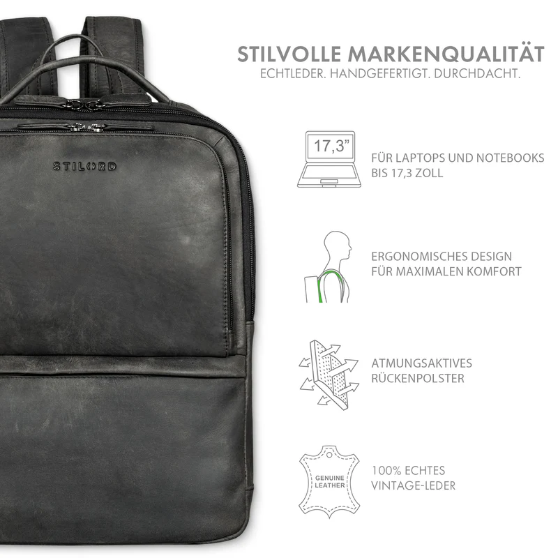 "Albert" Moderner Business Rucksack Leder 17 Zoll Laptopfach Herren