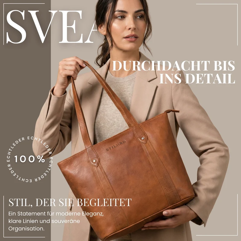 "Svea" Stylishe Leder Shopper Tasche Damen Mittelgroß für Laptop 14"