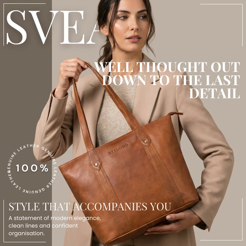 "Svea" Stylishe Leder Shopper Tasche Damen Mittelgroß für Laptop 14"