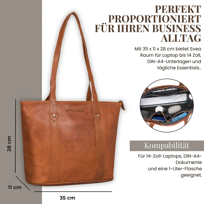 "Svea" Stylishe Leder Shopper Tasche Damen Mittelgroß für Laptop 14"