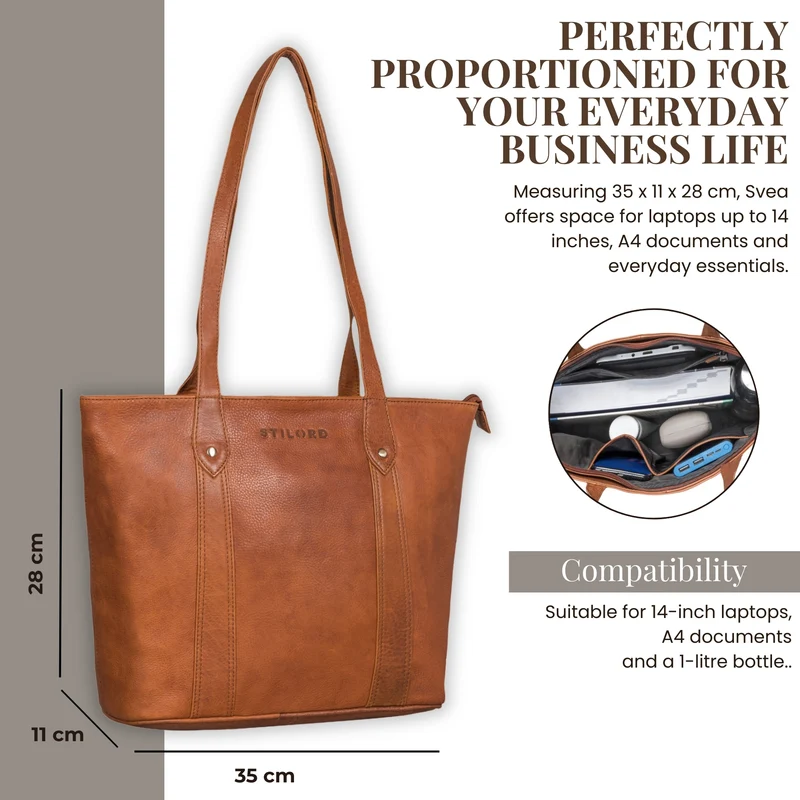 "Svea" Stylishe Leder Shopper Tasche Damen Mittelgroß für Laptop 14"