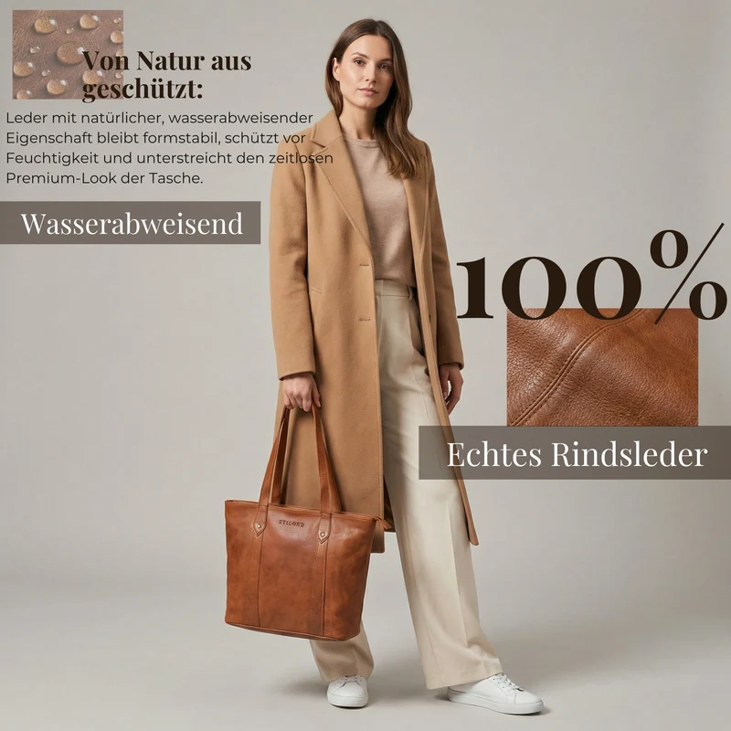"Svea" Stylishe Leder Shopper Tasche Damen Mittelgroß für Laptop 14"