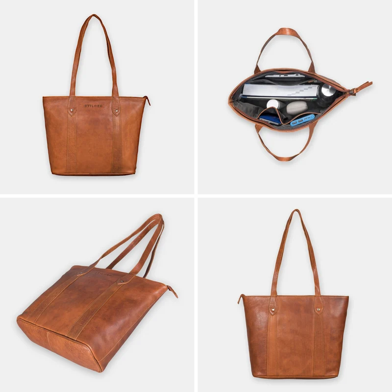 "Svea" Stylishe Leder Shopper Tasche Damen Mittelgroß für Laptop 14"