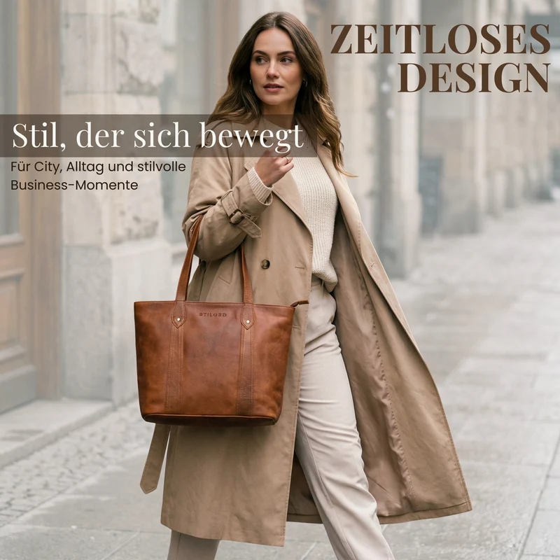 "Svea" Stylishe Leder Shopper Tasche Damen Mittelgroß für Laptop 14"