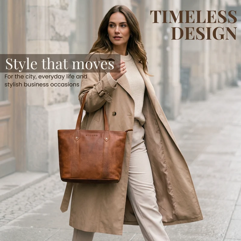 "Svea" Stylishe Leder Shopper Tasche Damen Mittelgroß für Laptop 14"