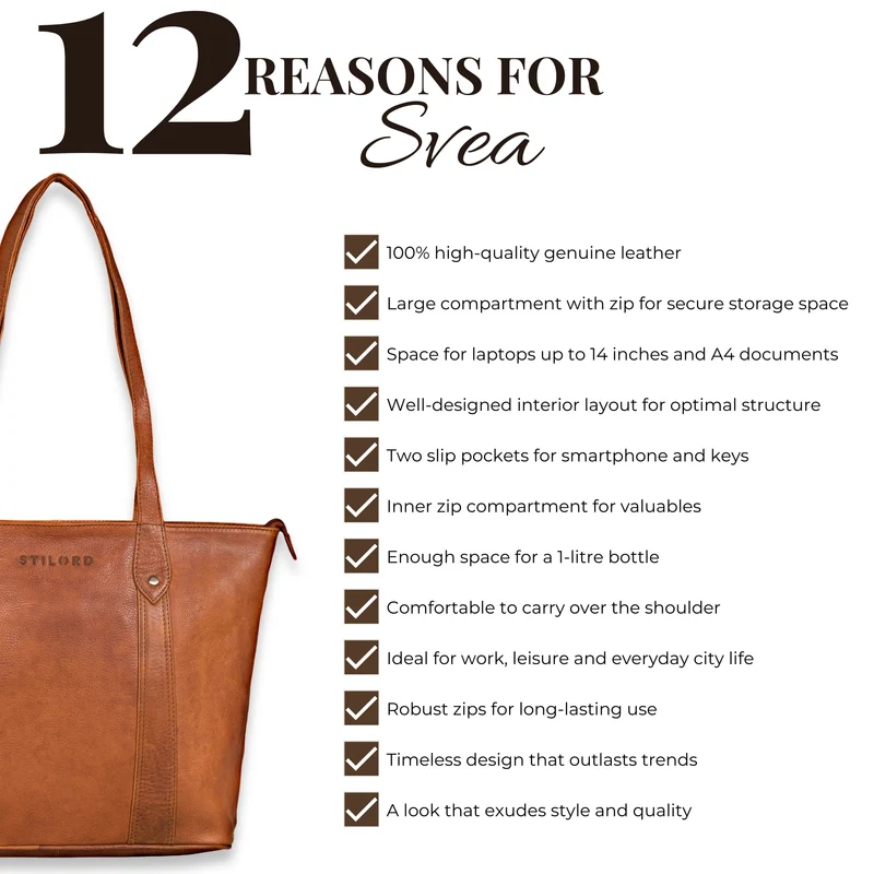 "Svea" Stylishe Leder Shopper Tasche Damen Mittelgroß für Laptop 14"
