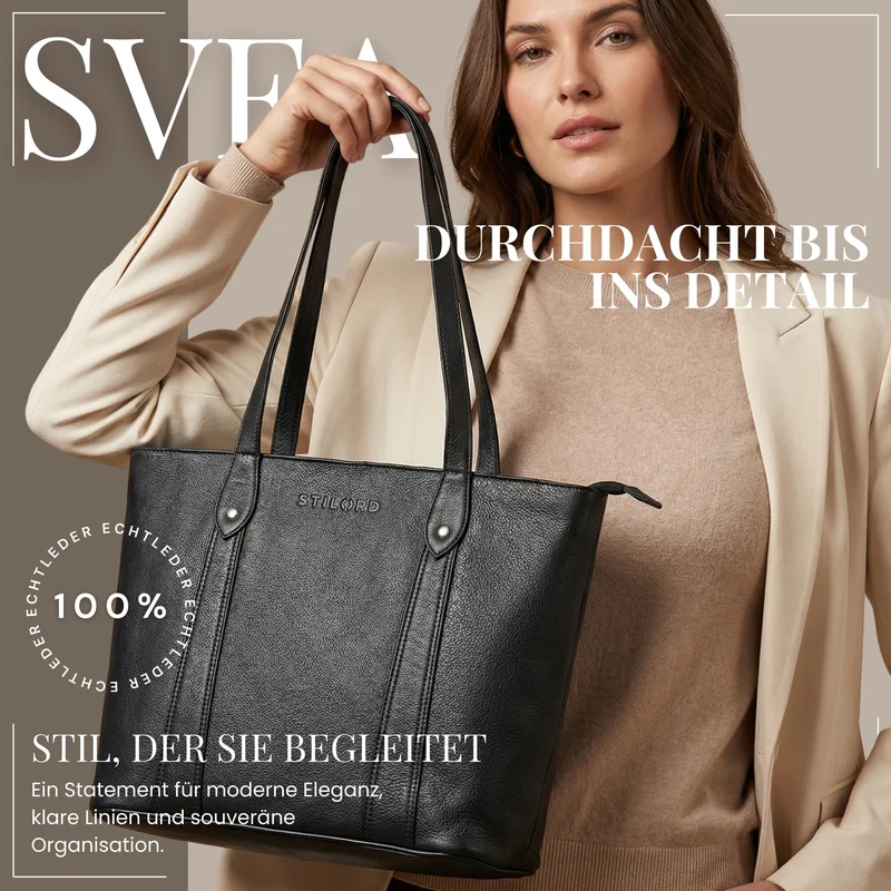 "Svea" Stylishe Leder Shopper Tasche Damen Mittelgroß für Laptop 14"