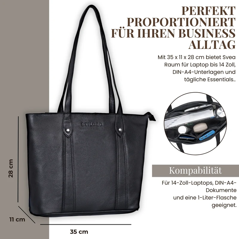 "Svea" Stylishe Leder Shopper Tasche Damen Mittelgroß für Laptop 14"