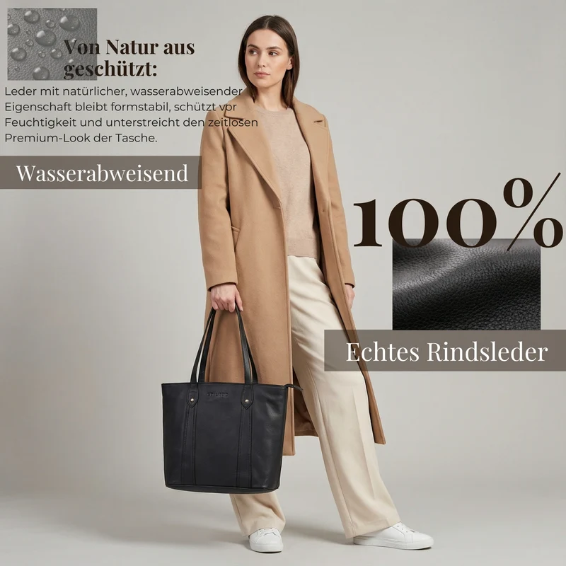 "Svea" Stylishe Leder Shopper Tasche Damen Mittelgroß für Laptop 14"
