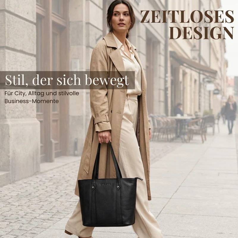 "Svea" Stylishe Leder Shopper Tasche Damen Mittelgroß für Laptop 14"