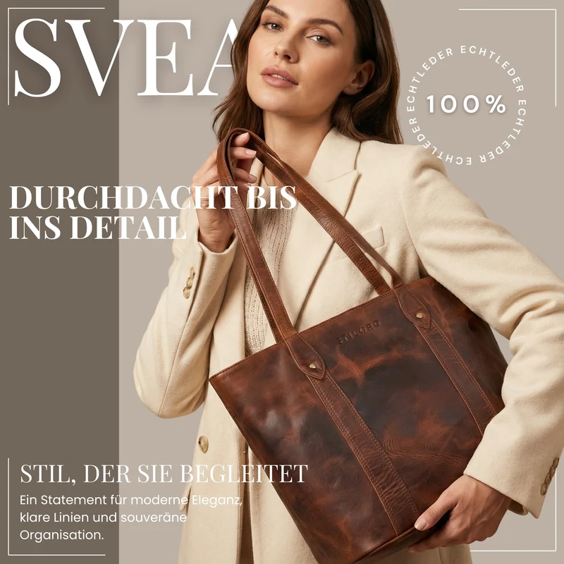 "Svea" Stylishe Leder Shopper Tasche Damen Mittelgroß für Laptop 14"