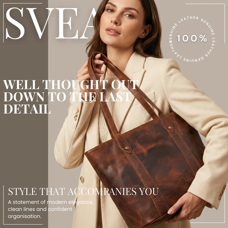 "Svea" Stylishe Leder Shopper Tasche Damen Mittelgroß für Laptop 14"