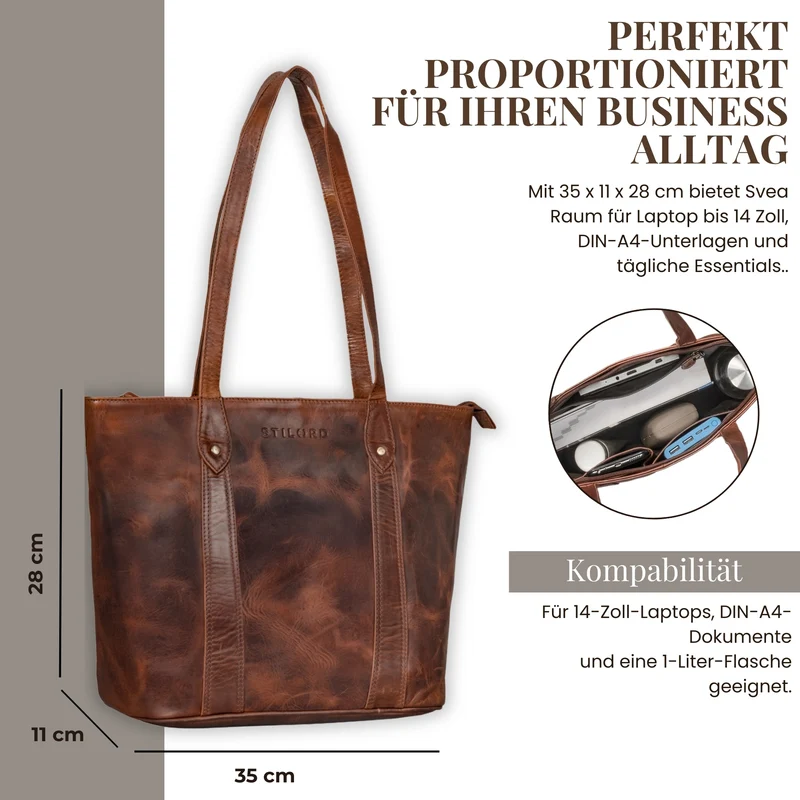 "Svea" Stylishe Leder Shopper Tasche Damen Mittelgroß für Laptop 14"