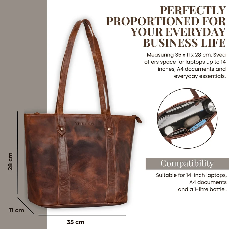 "Svea" Stylishe Leder Shopper Tasche Damen Mittelgroß für Laptop 14"