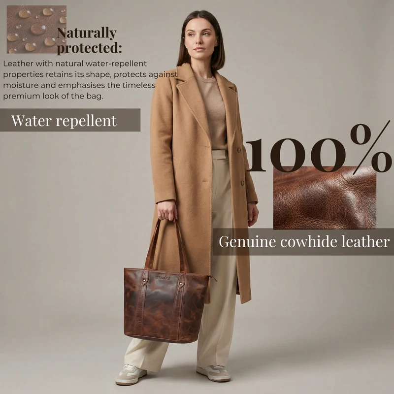 "Svea" Stylishe Leder Shopper Tasche Damen Mittelgroß für Laptop 14"