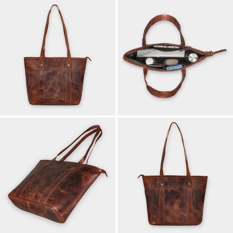 "Svea" Stylishe Leder Shopper Tasche Damen Mittelgroß für Laptop 14"