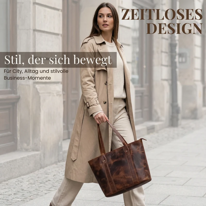 "Svea" Stylishe Leder Shopper Tasche Damen Mittelgroß für Laptop 14"