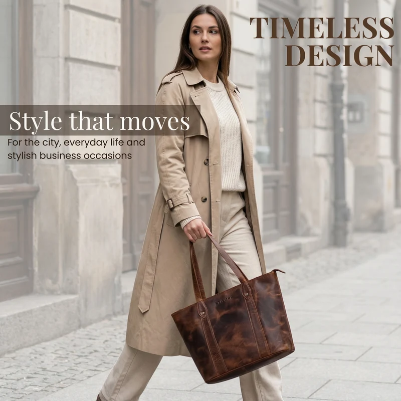 "Svea" Stylishe Leder Shopper Tasche Damen Mittelgroß für Laptop 14"